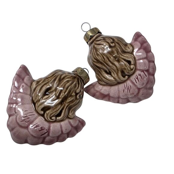 Vintage Ceramic Angel Head Christmas Ornaments Set of 6 Purple Wings Mid Century